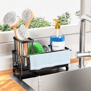 Cisily Black Sponge Holder for Kitchen Sink, Sink Caddy Organizer with High Brush Holder, Kitchen Countertop Organizers and Storage Essentials, Rustproof 304 Stainless Steel, Soap Dispenser Organize