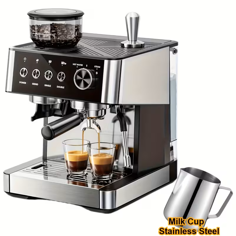 20 Bar Espresso Machine w/ Grinder Steam Wand Black Stainless