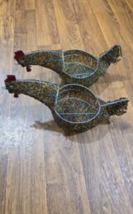 Set of 2 Handmade Beaded Wire Chicken Baskets – Folk Art Décor / Storage